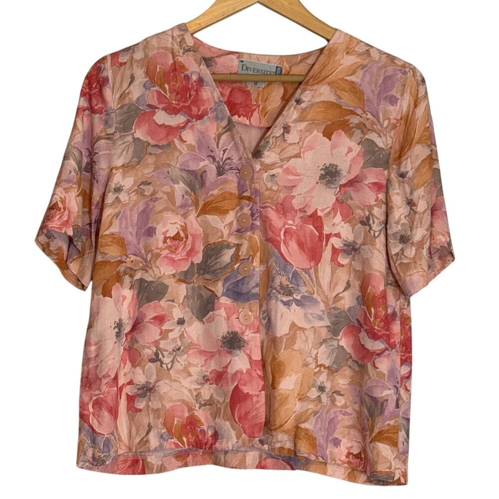Vintage 90s Cottage Soft Girl Pink Peach Floral Blouse Womens 8P Spring Garden